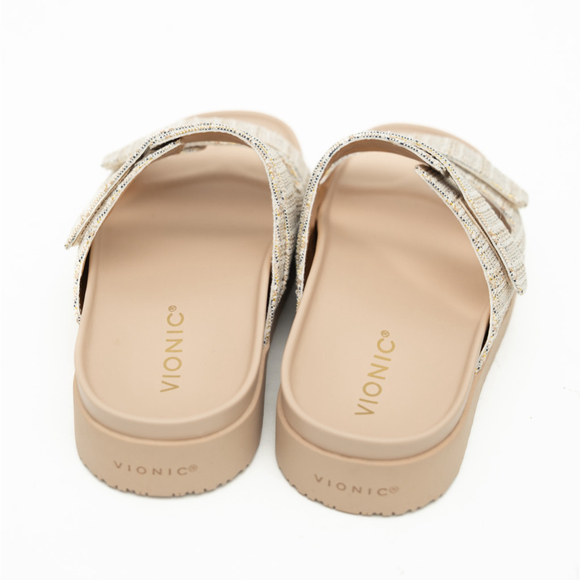 Vionic - Riviera Canvas Cream Gold Slide Sandals Size 10W - Picture 4 of 13